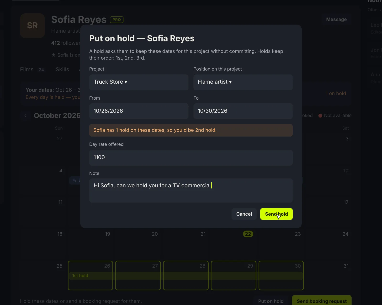 Searching crew by tool and dates, opening a profile to see who is free, and asking for a hold in one click