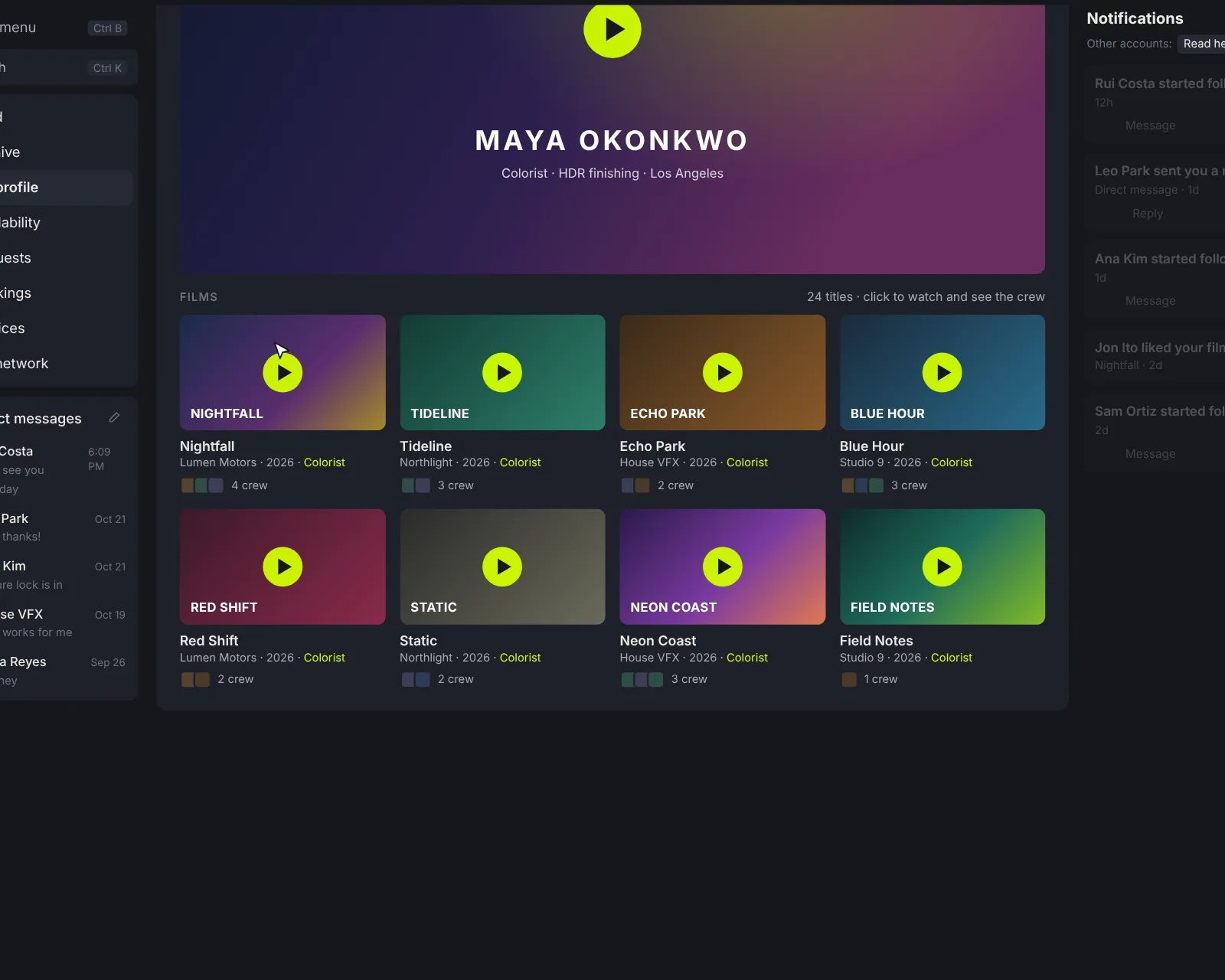 A colorist's profile: demo reel on top, films, positions and tools