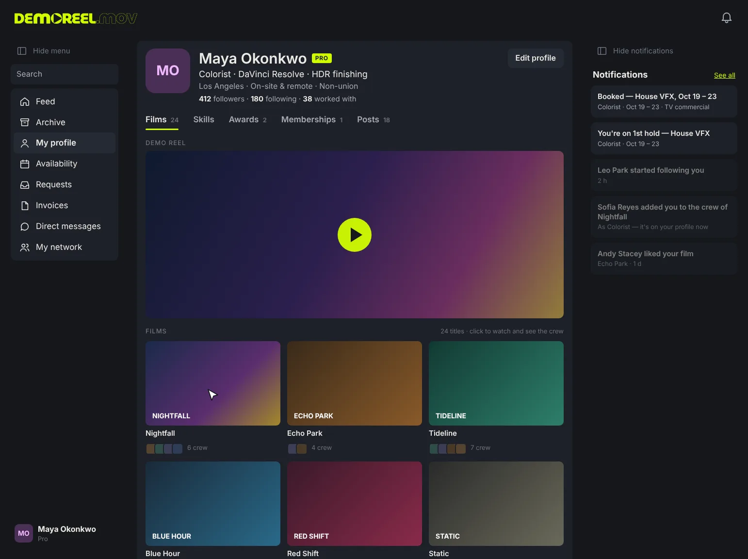 DemoReel.mov in use: scrolling the feed, a hold and a booking accepted, the calendar filling in, then a profile with its films, the crew of a film, skills and awards