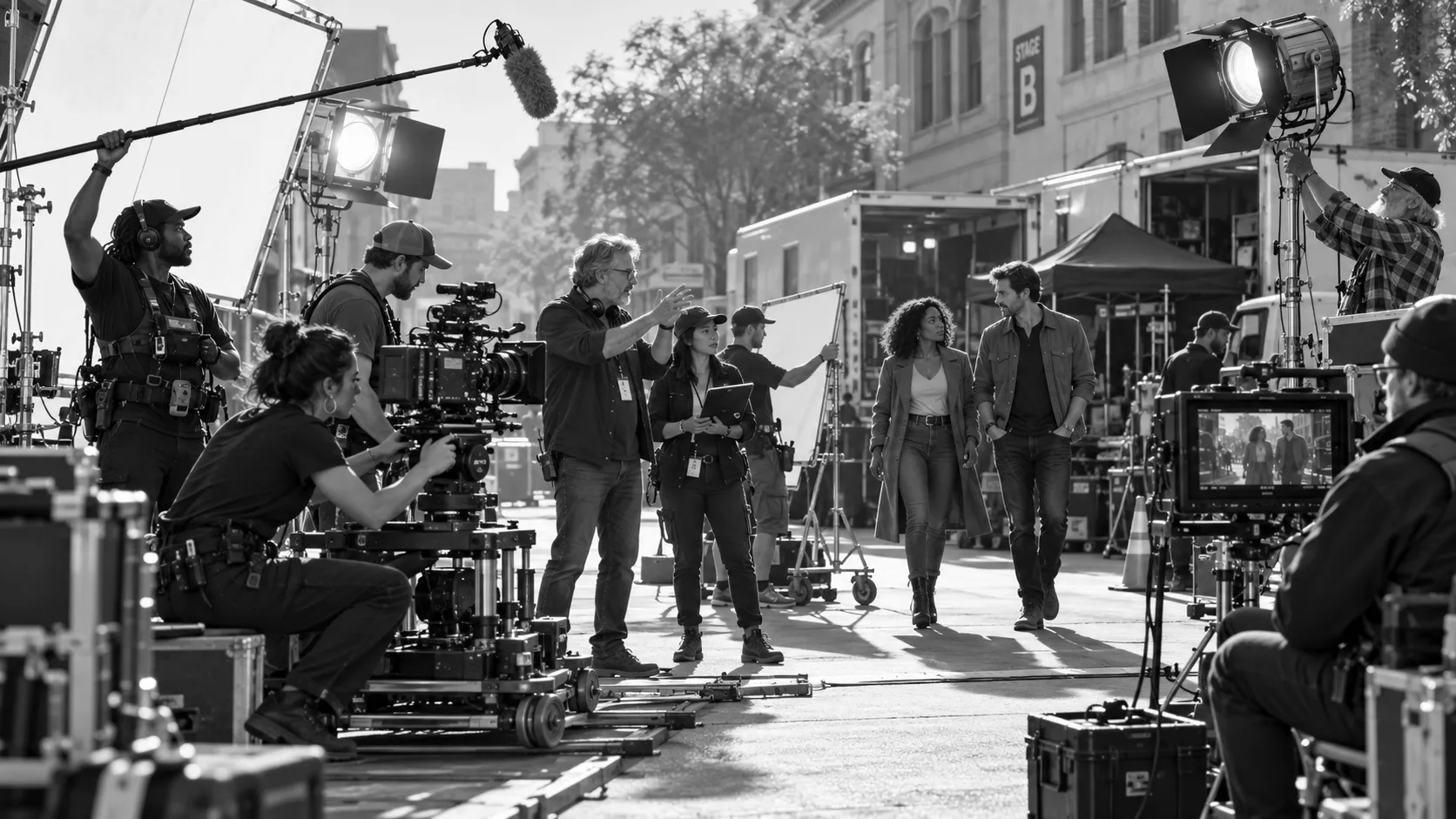 A film crew at work on set